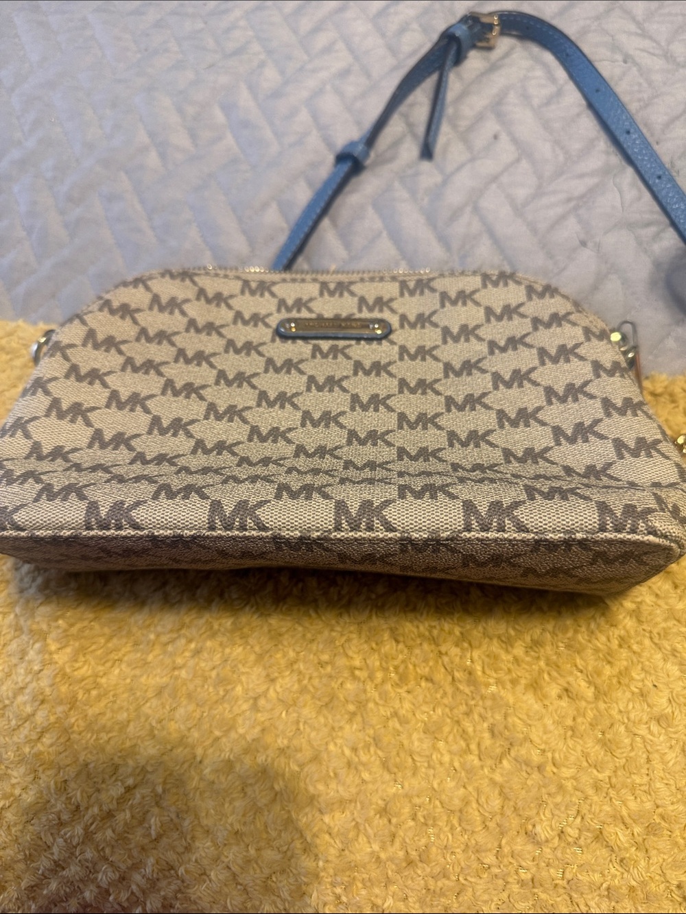 Michael Kors Beige Monogram Crossbody with Blue Strap